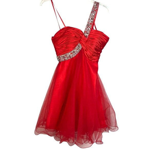 Dave & Johnny Dresses & Skirts - Red Satin & Tulle One-Shoulder Dress W/ Rhinestone Strap & Ruched Bodice Short S